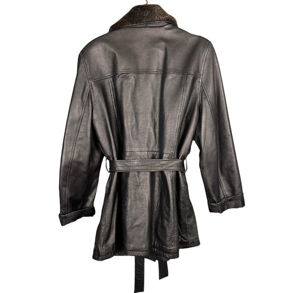 Vintage 90s Black Leather Belted Coat Removable Collar – The Olde Hide House - Picture 9 of 14